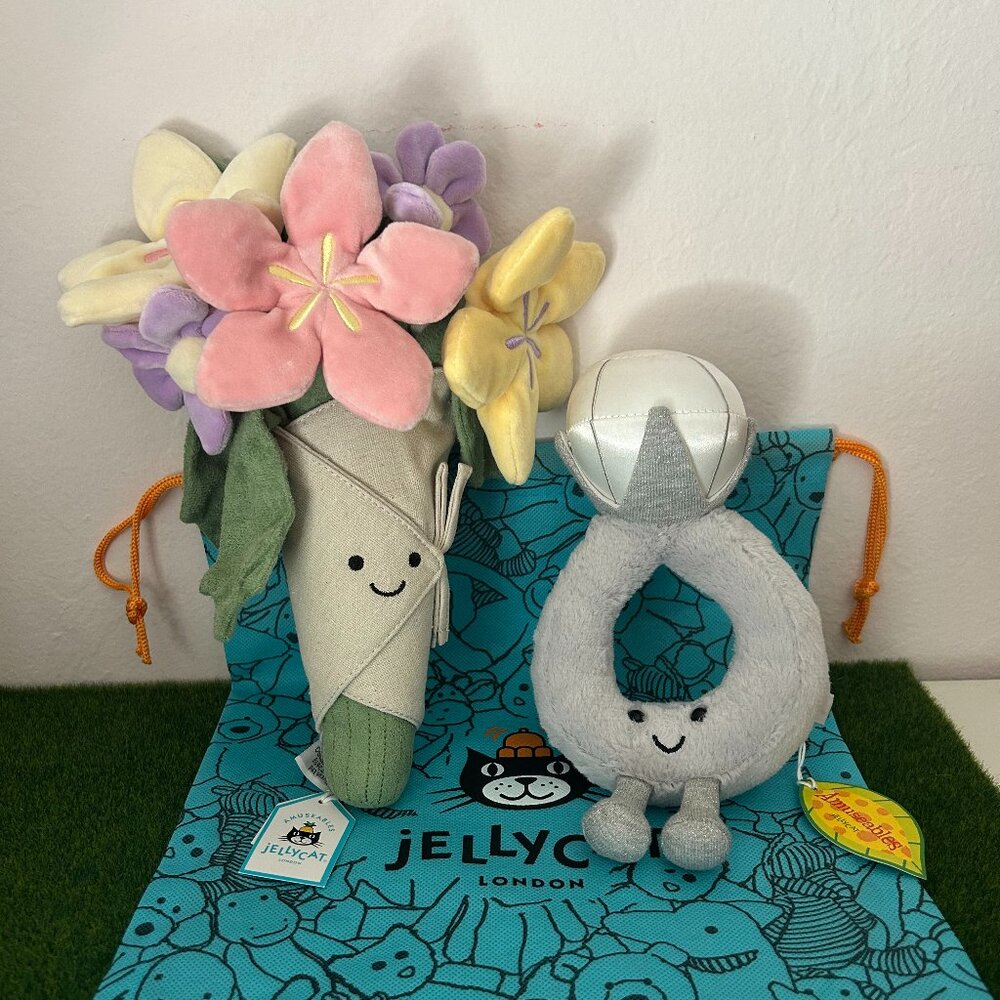 Jellycat Amuseables Flower Bouquet + Diamond Ring Authentic Proposal Gift - Picture 1 of 9